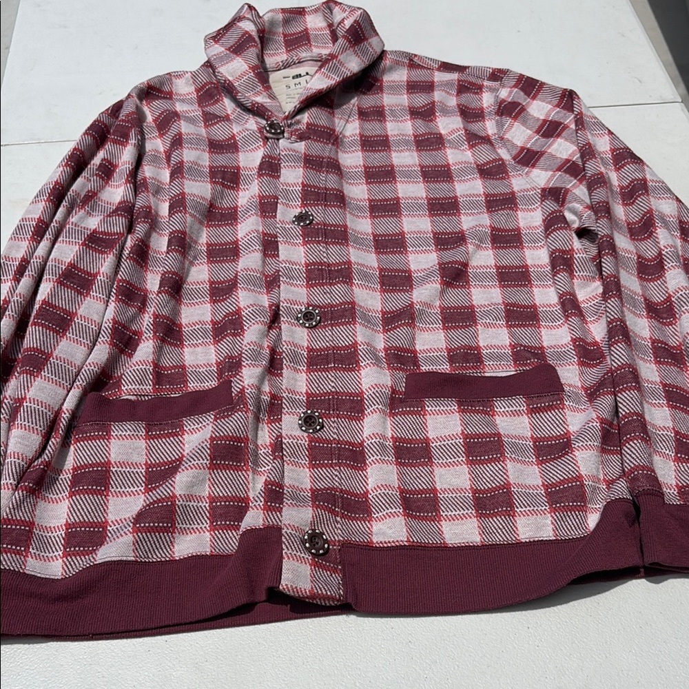 Red and White Cardigan Sweater with Classic Pattern